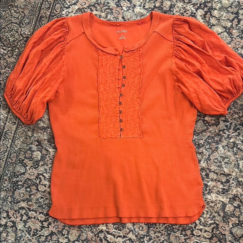Anthropologie Orange Puff Sleeve Blouse - Picture 2 of 8